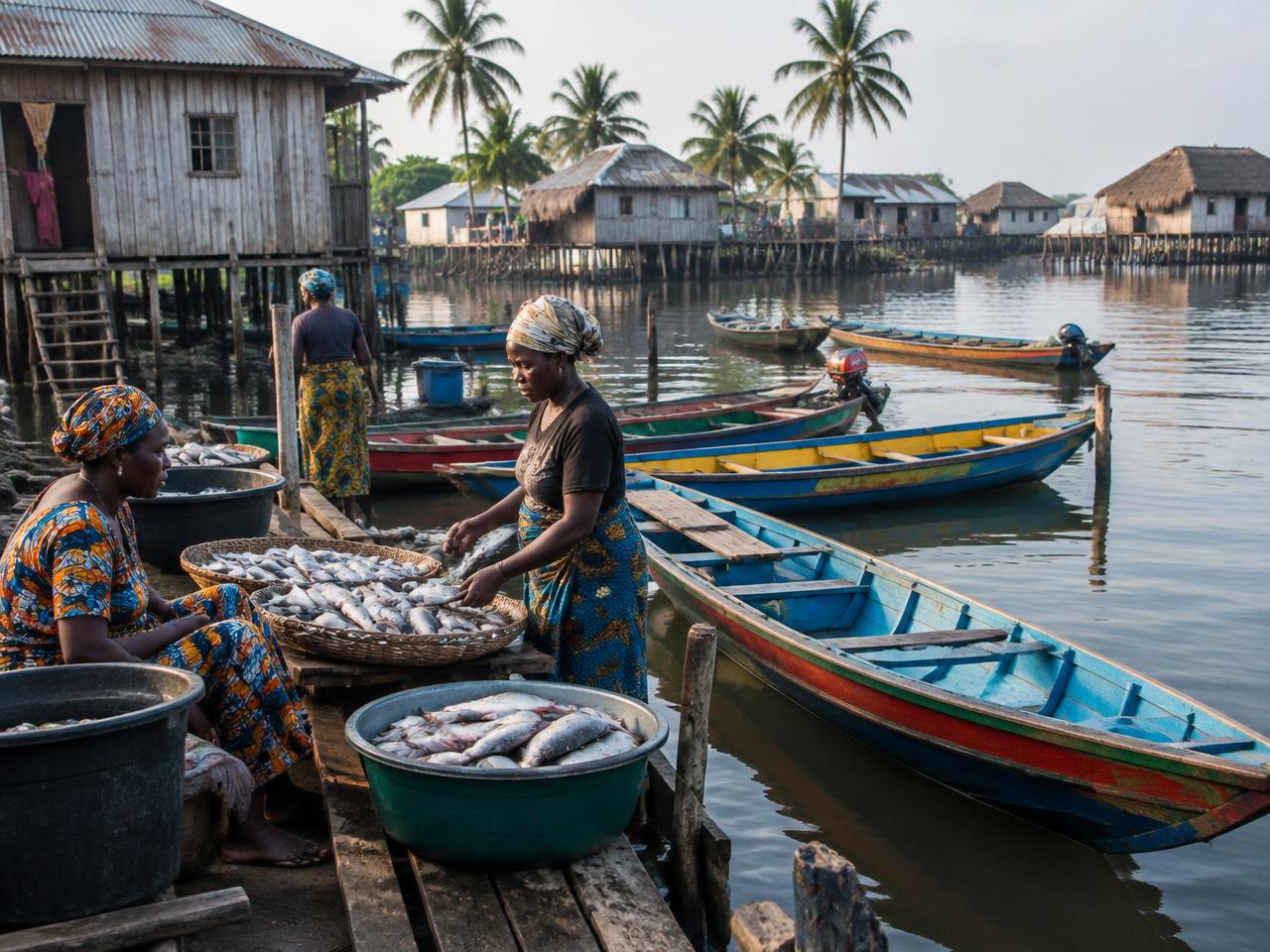Waterfront fishing community with colourful canoes